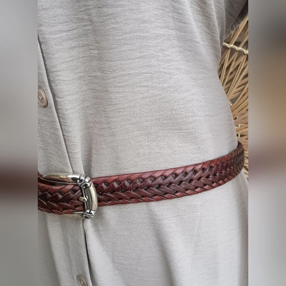Vintage Fossil Elegant Brown Braided Leather Belt_med